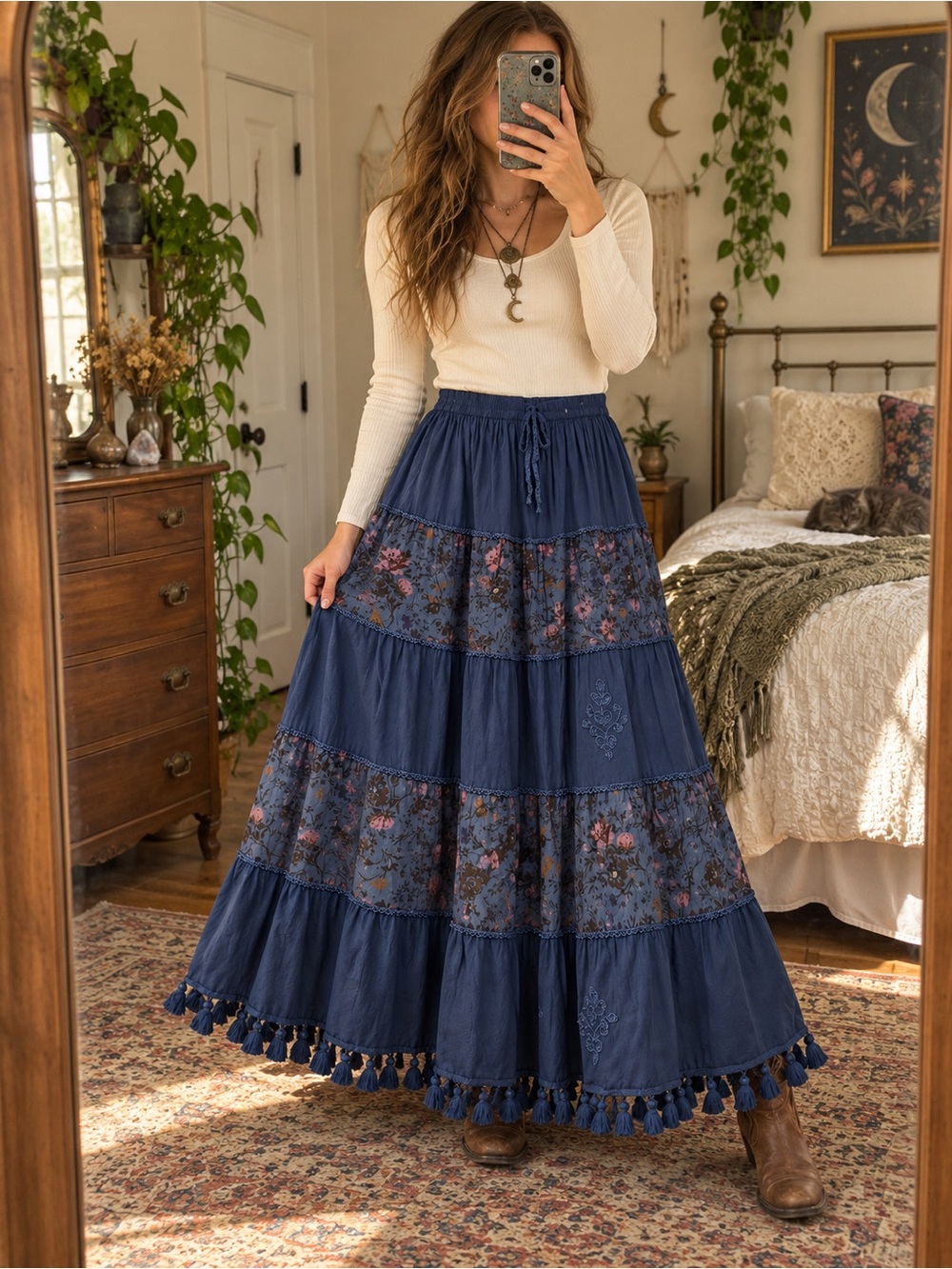 Bohemian Tiered Navy Floral Maxi Skirt